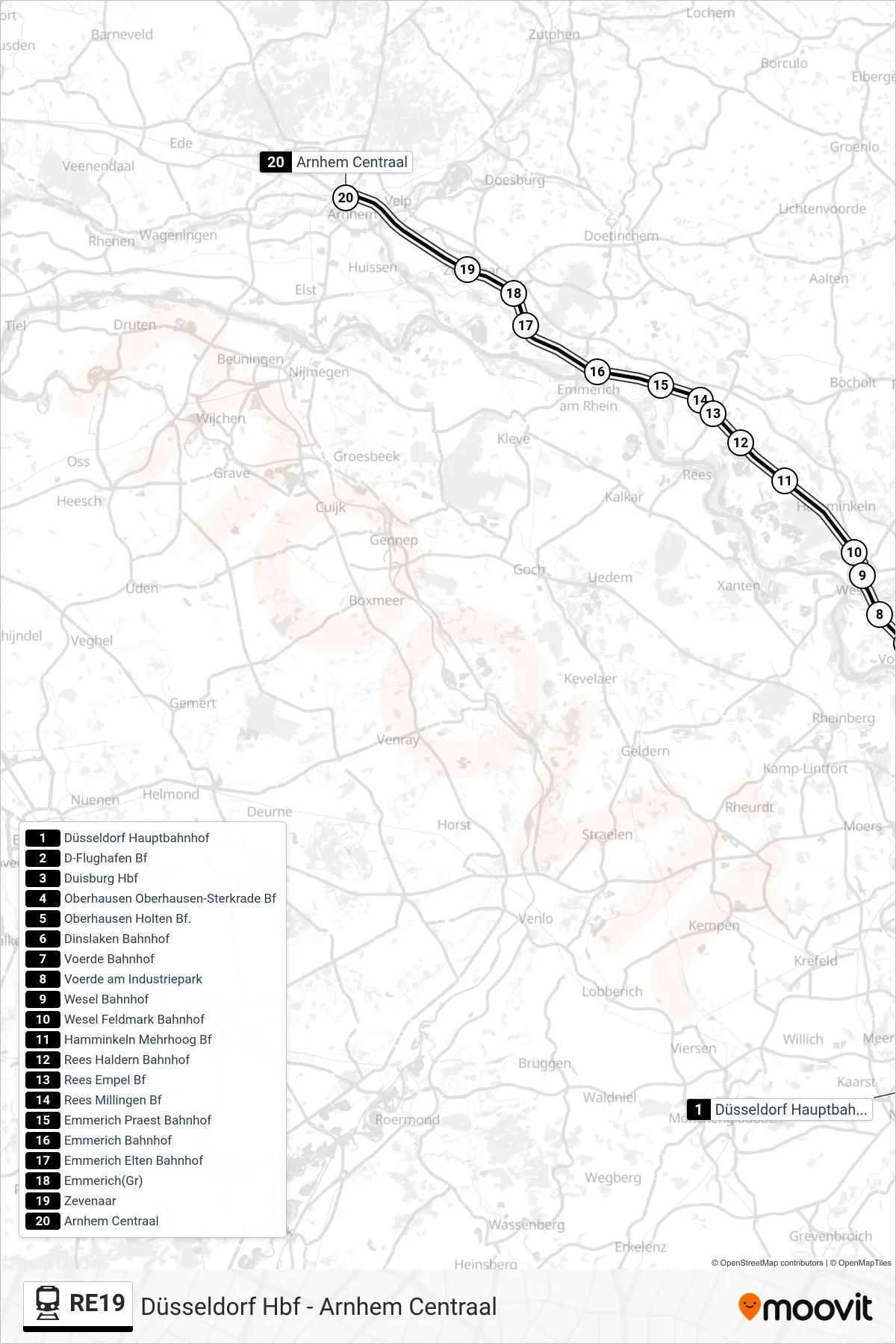 RE19 train Line (Arnhem Centraal) route and stops on a map