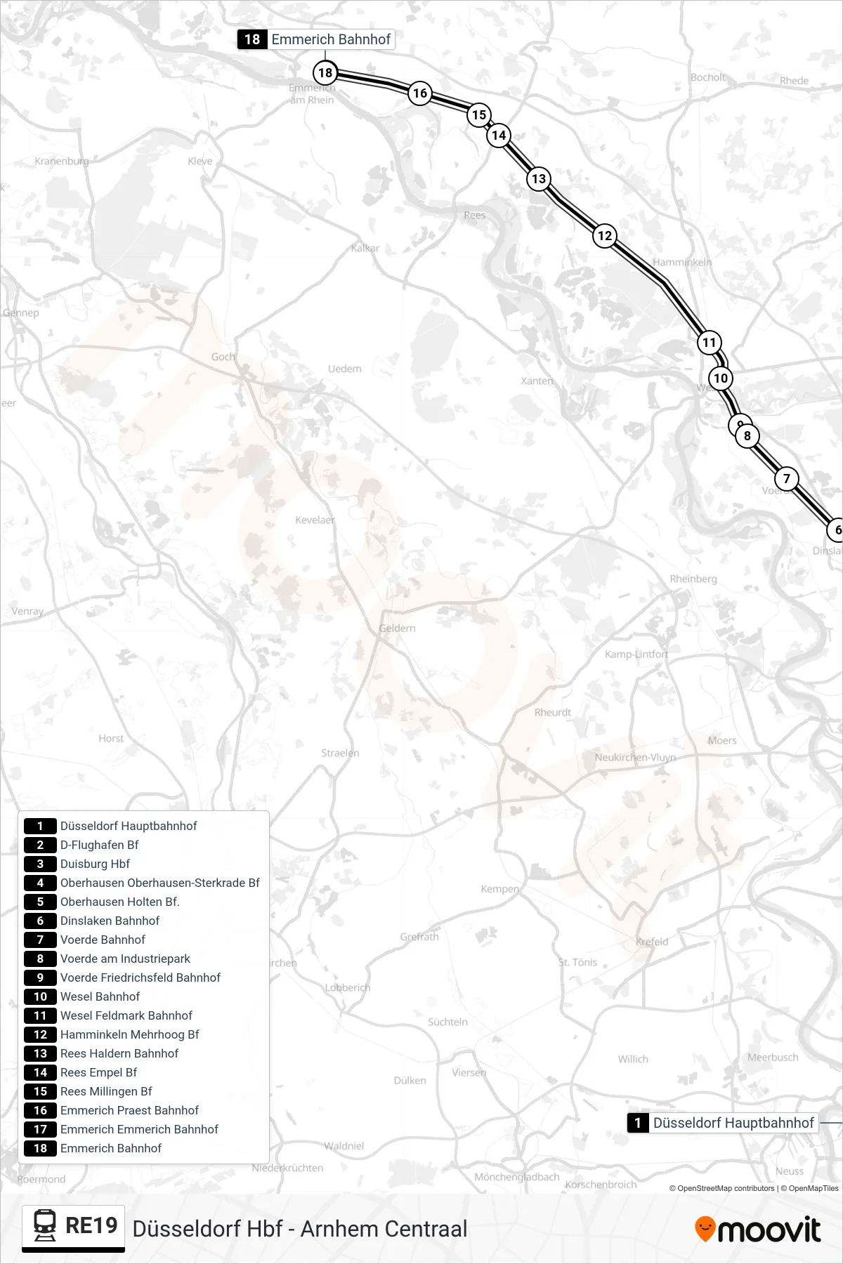 RE19 train Line (Emmerich Bahnhof) route and stops on a map