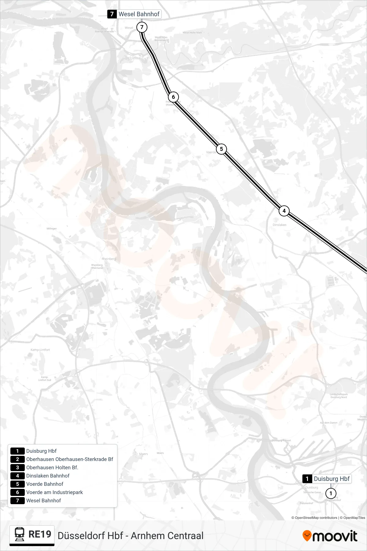 RE19 train Line (Wesel Bahnhof) route and stops on a map