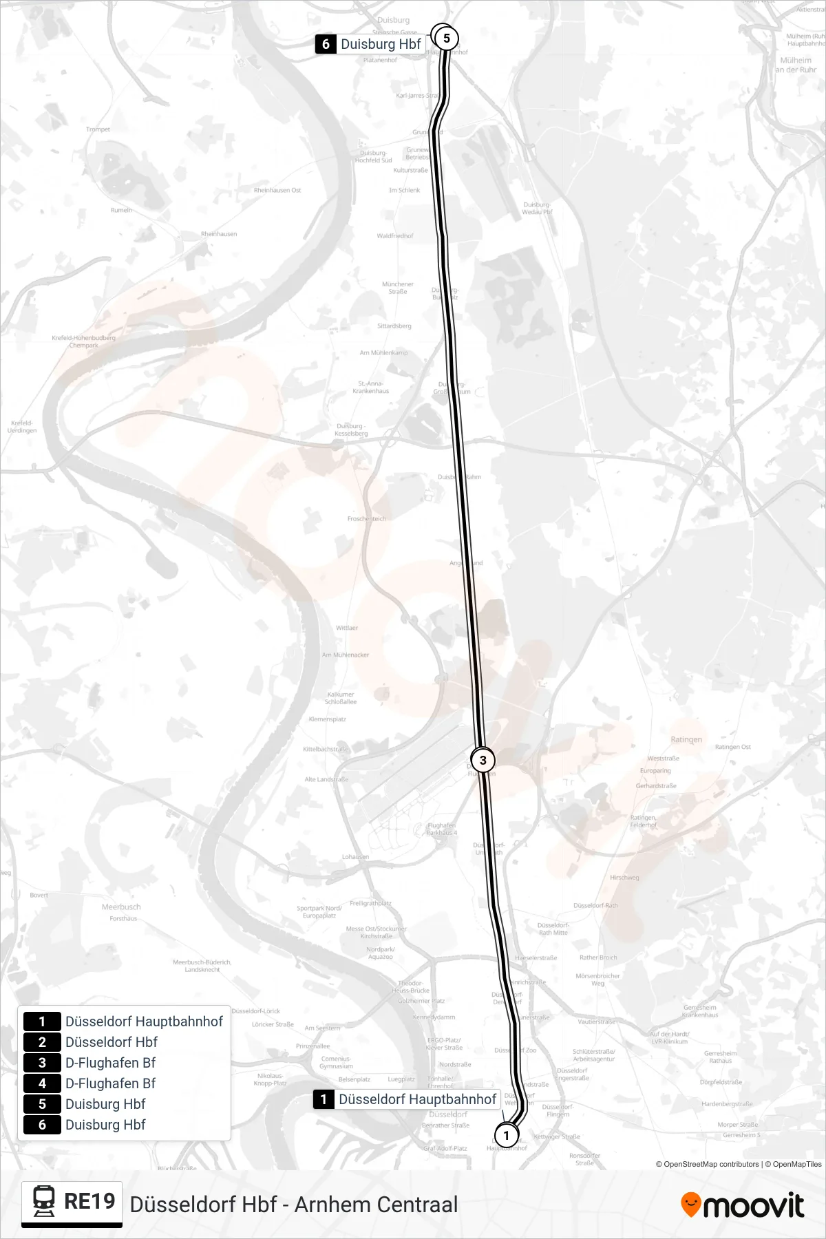 RE19 train Line (Duisburg Hbf) route and stops on a map