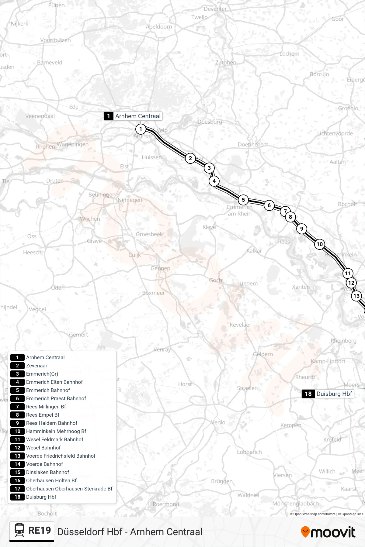 RE19 train Line (Duisburg Hbf) route and stops on a map