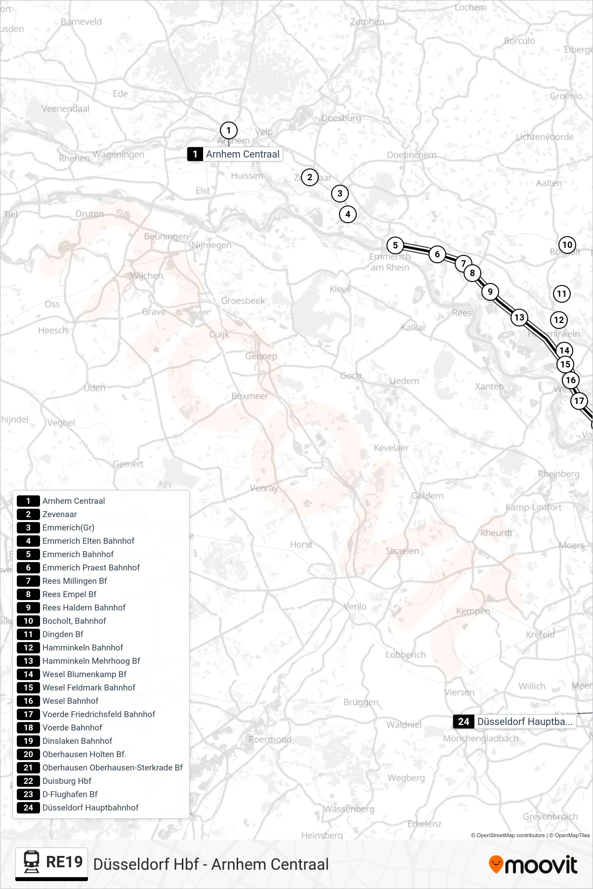 RE19 train Line (Düsseldorf Hbf) route and stops on a map
