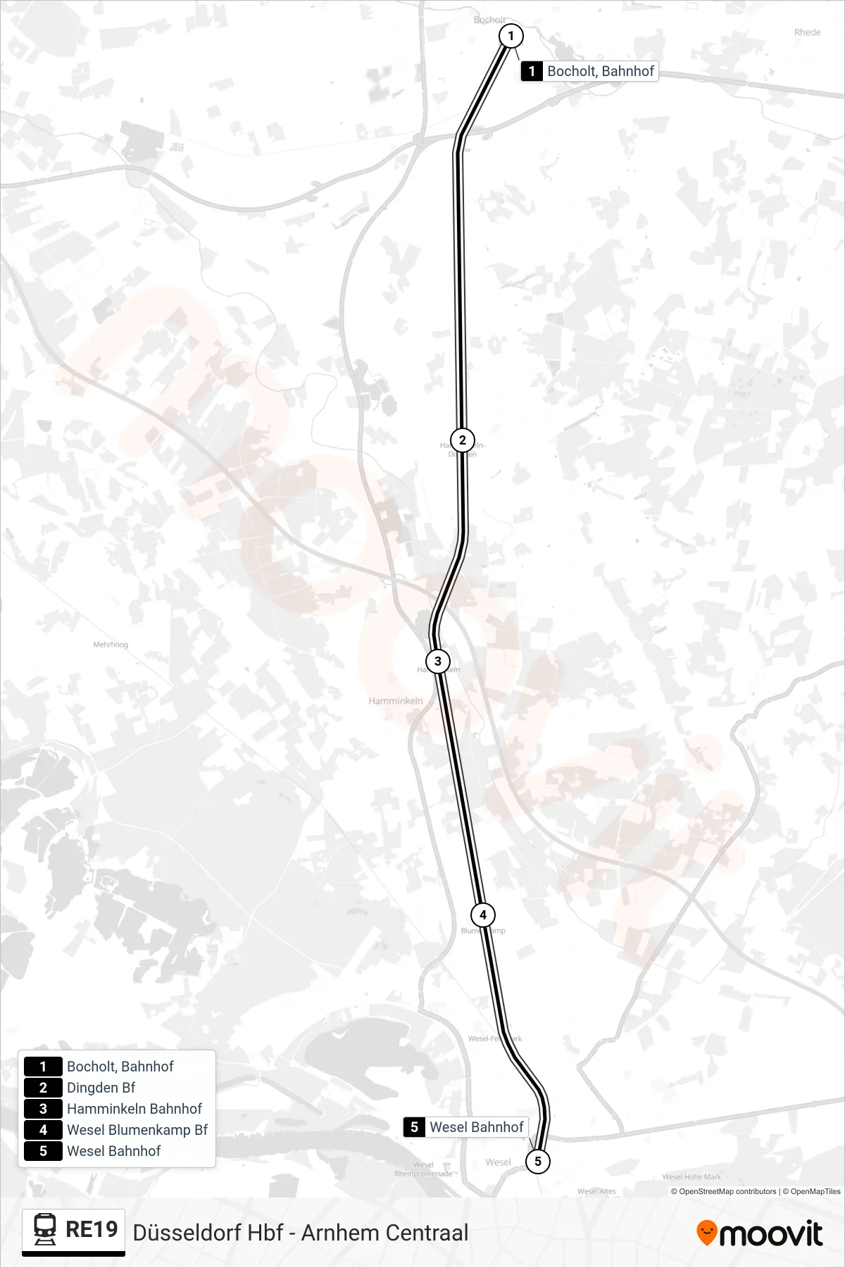 RE19 train Line (Wesel Bahnhof) route and stops on a map