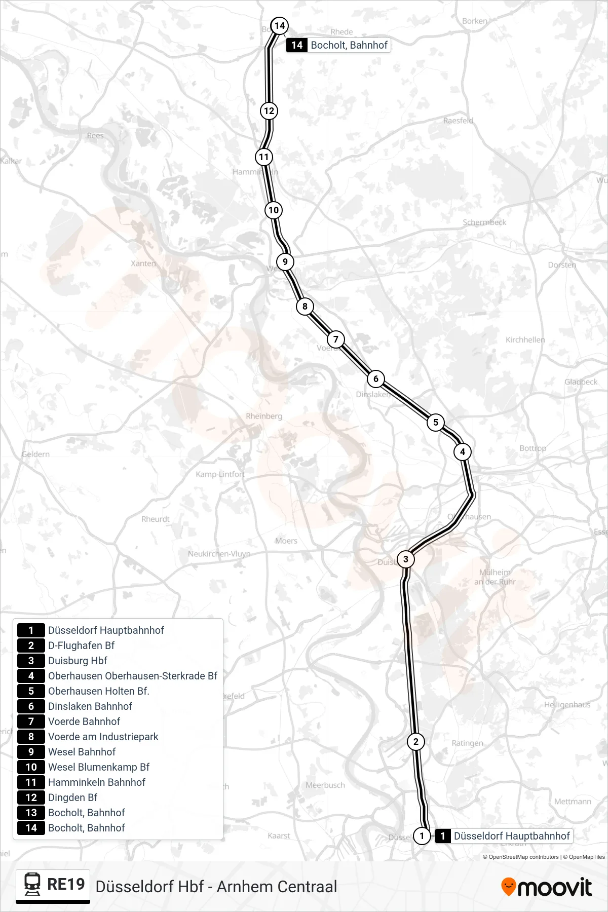 RE19 train Line (Bocholt, Bahnhof) route and stops on a map