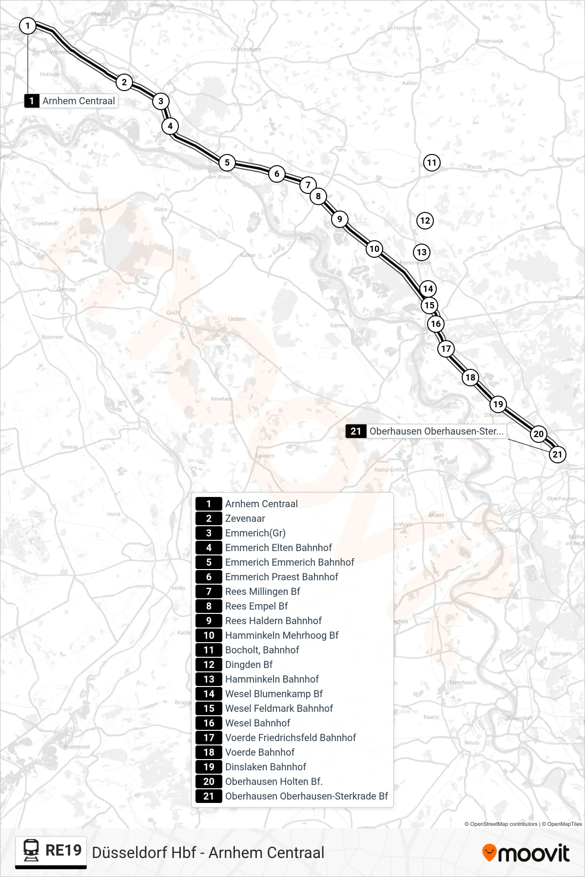 RE19 train Line (Ob Sterkrade Bf.) route and stops on a map