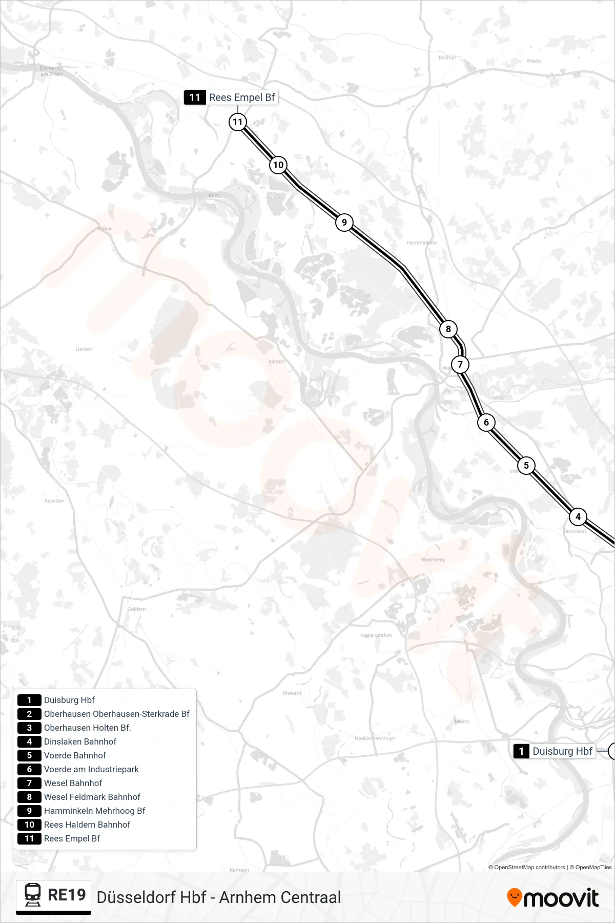 RE19 train Line (Rees Empel Bf) route and stops on a map