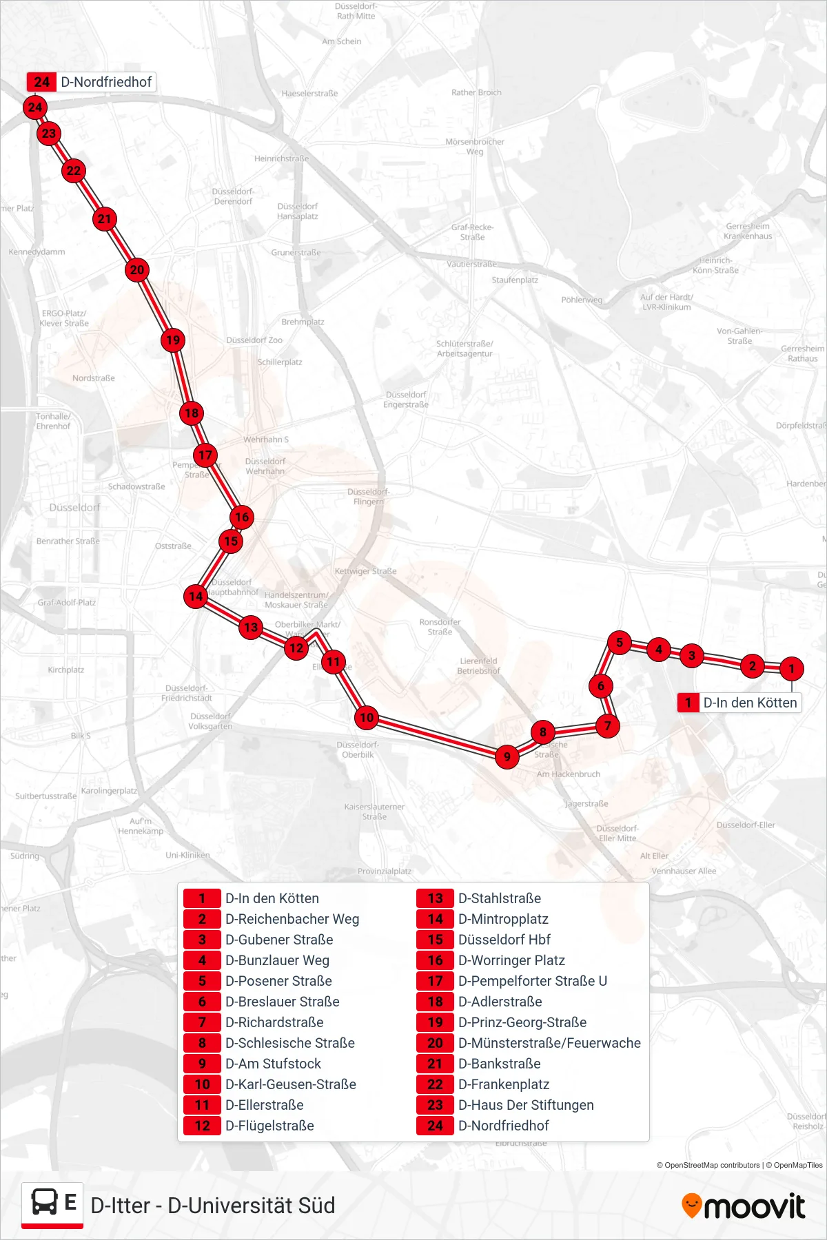 Linie E (Bus) Richtung D-Nordfriedhof: Route und Haltestellen auf der Karte