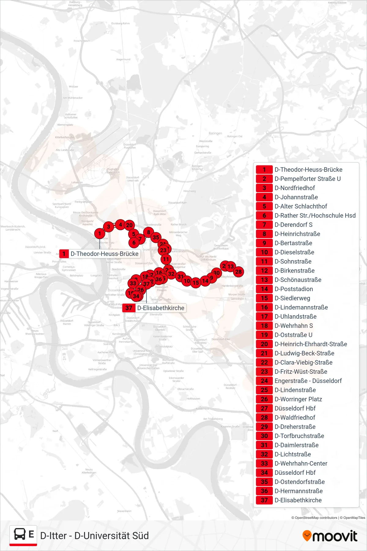 E bus Line (Düsseldorf Hbf) route and stops on a map