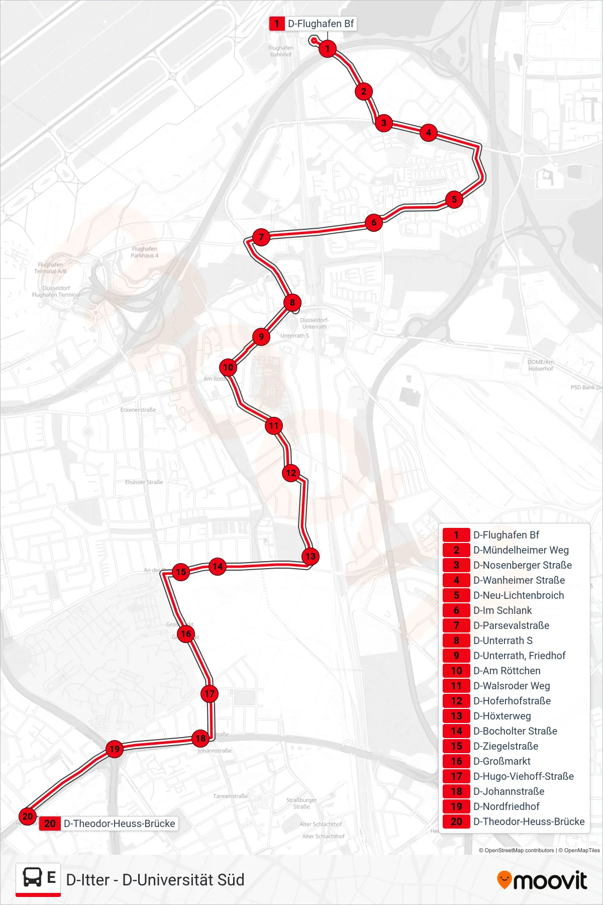 Linie E (Bus) Richtung D-Theodor-Heuss-Brücke: Route und Haltestellen auf der Karte
