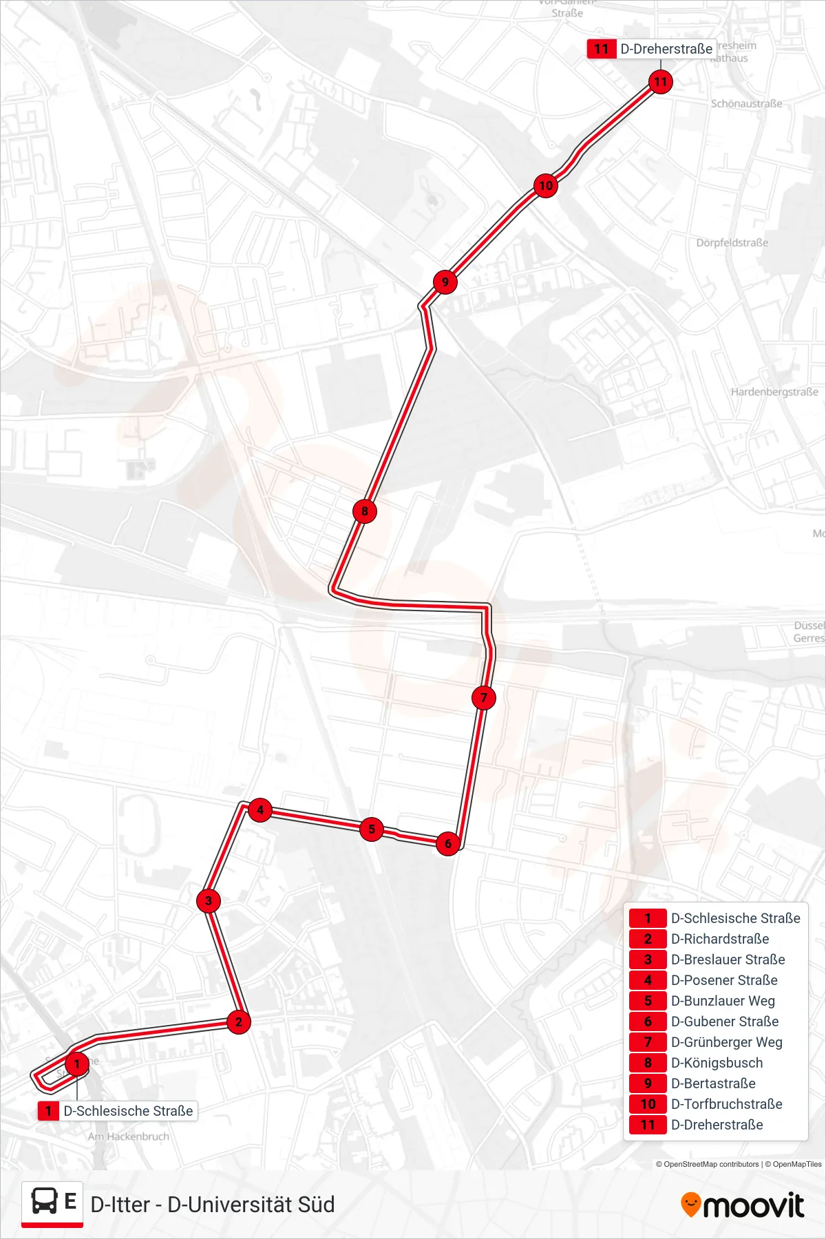 Linie E (Bus) Richtung D-Dreherstraße: Route und Haltestellen auf der Karte