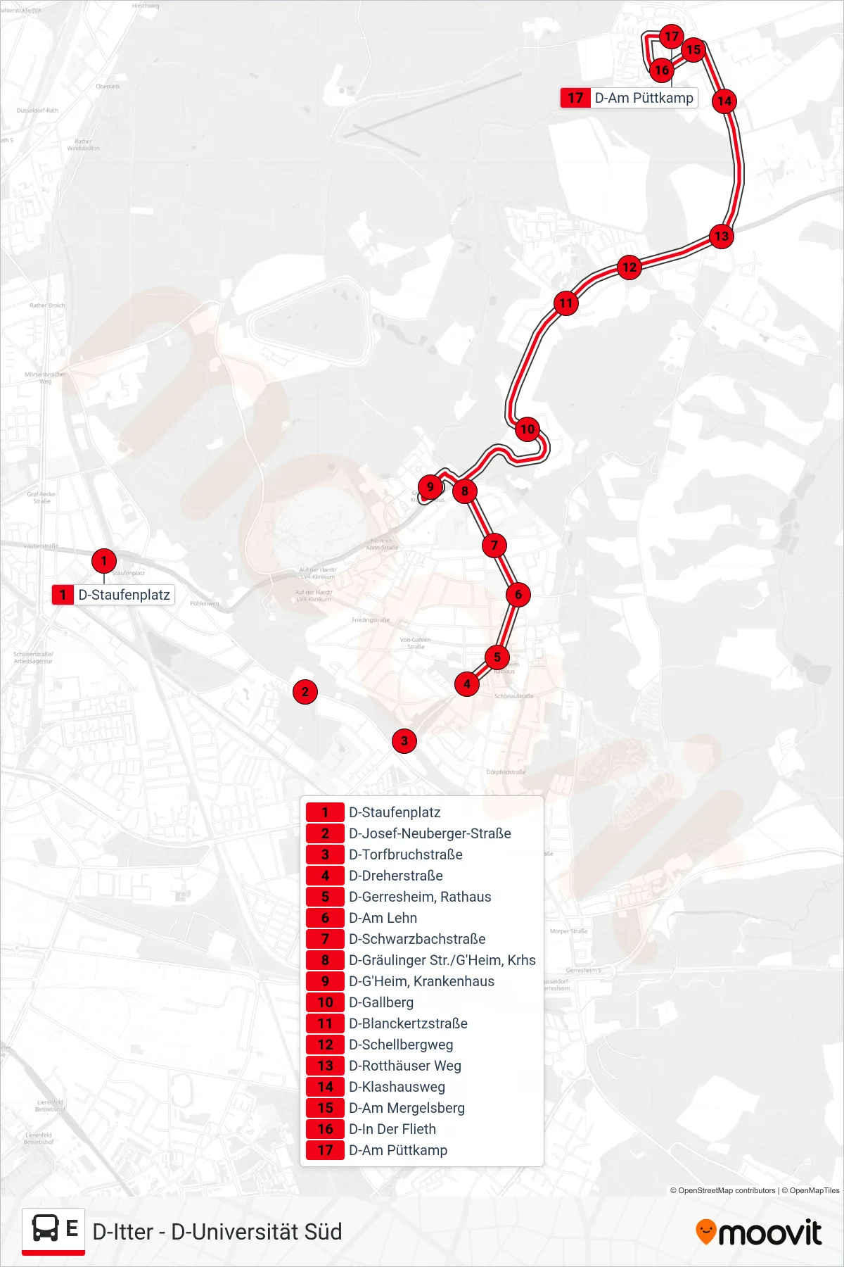 Linie E (Bus) Richtung D-Am Püttkamp: Route und Haltestellen auf der Karte