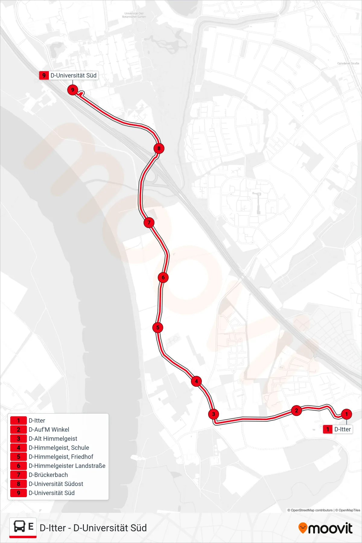 Linie E (Bus) Richtung D-Universität Süd: Route und Haltestellen auf der Karte