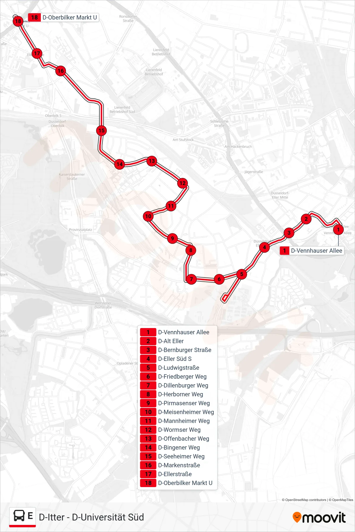 Linie E (Bus) Richtung D-Oberbilker Markt U: Route und Haltestellen auf der Karte