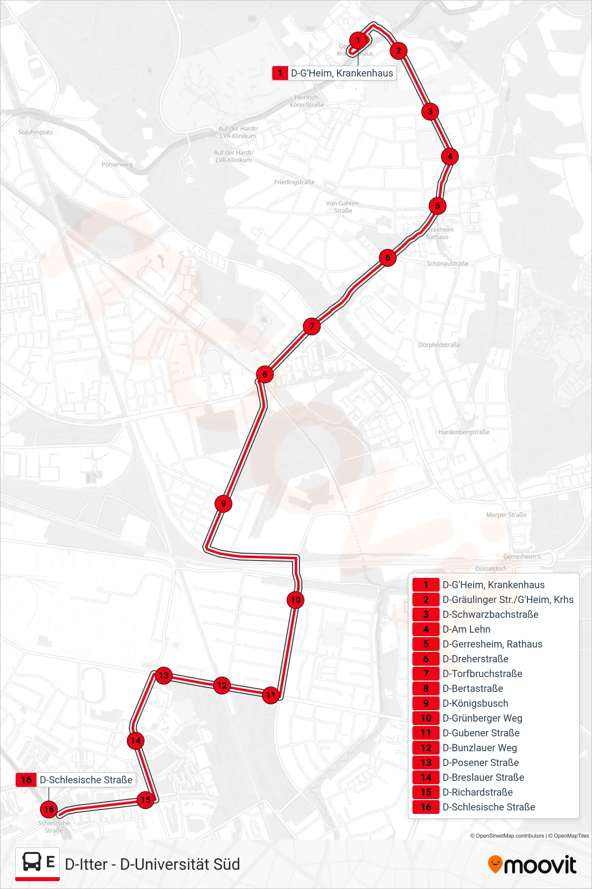 Linie E (Bus) Richtung D-Schlesische Straße: Route und Haltestellen auf der Karte