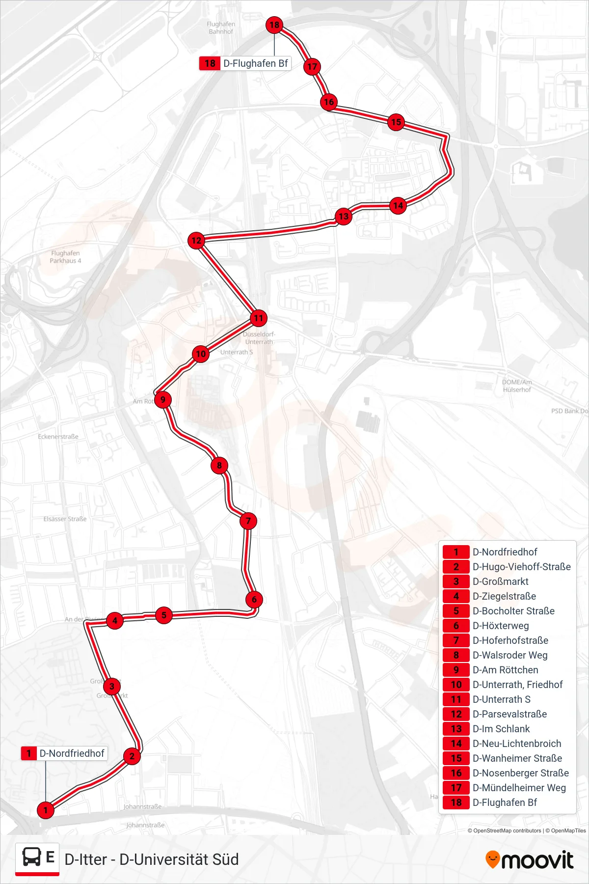Linie E (Bus) Richtung D-Flughafen Bf: Route und Haltestellen auf der Karte
