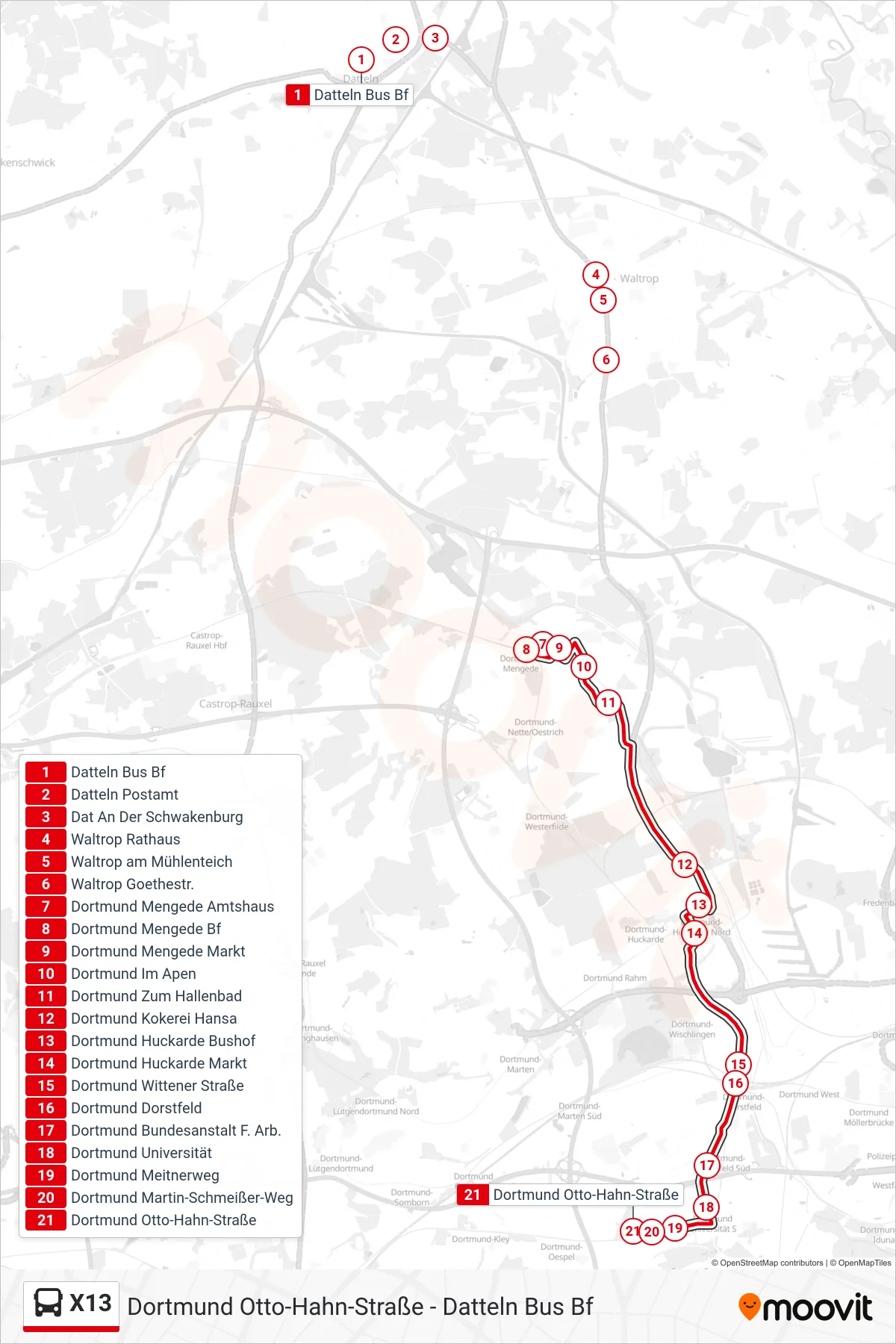 X13 bus Line (Dortmund Otto-Hahn-Straße) route and stops on a map