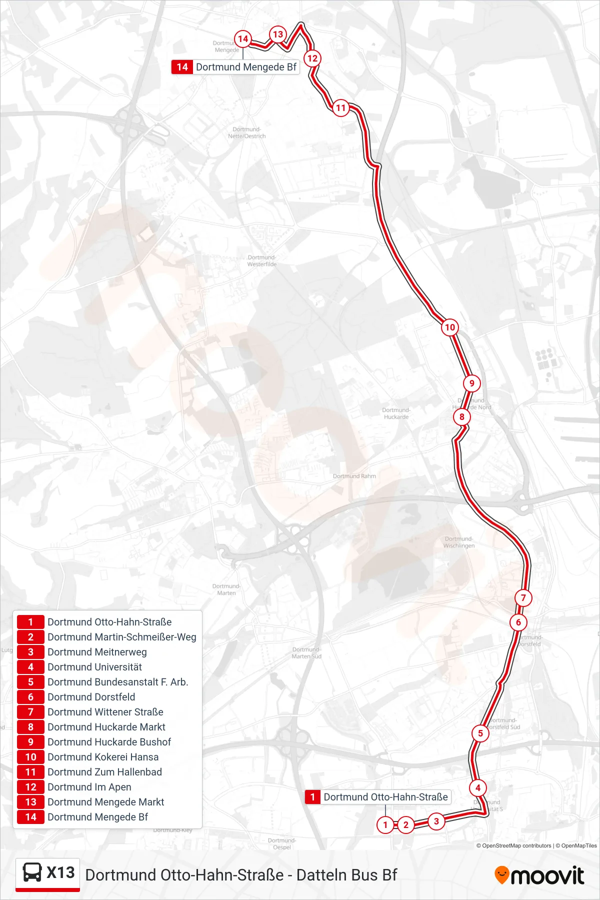 X13 bus Line (Dortmund Mengede Bf) route and stops on a map