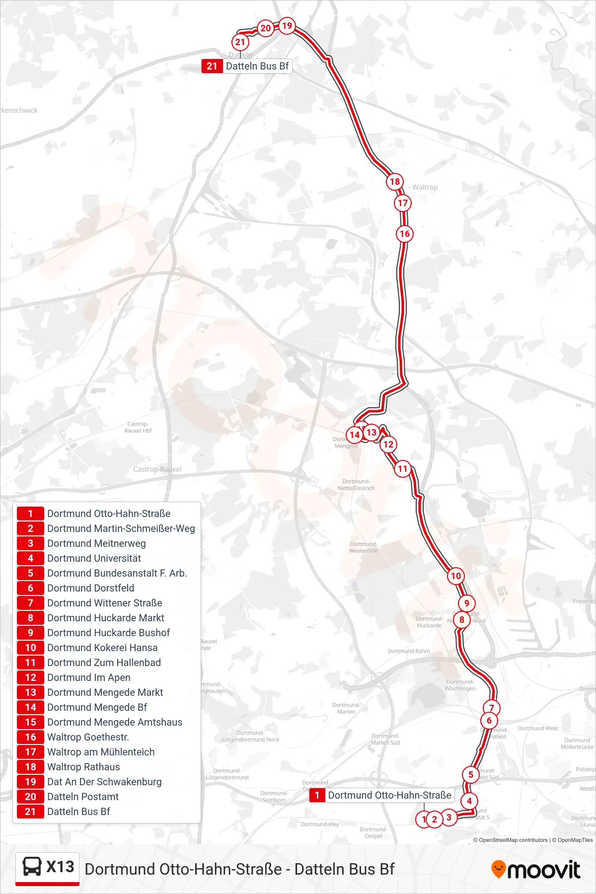 X13 bus Line (Datteln Bus Bf) route and stops on a map