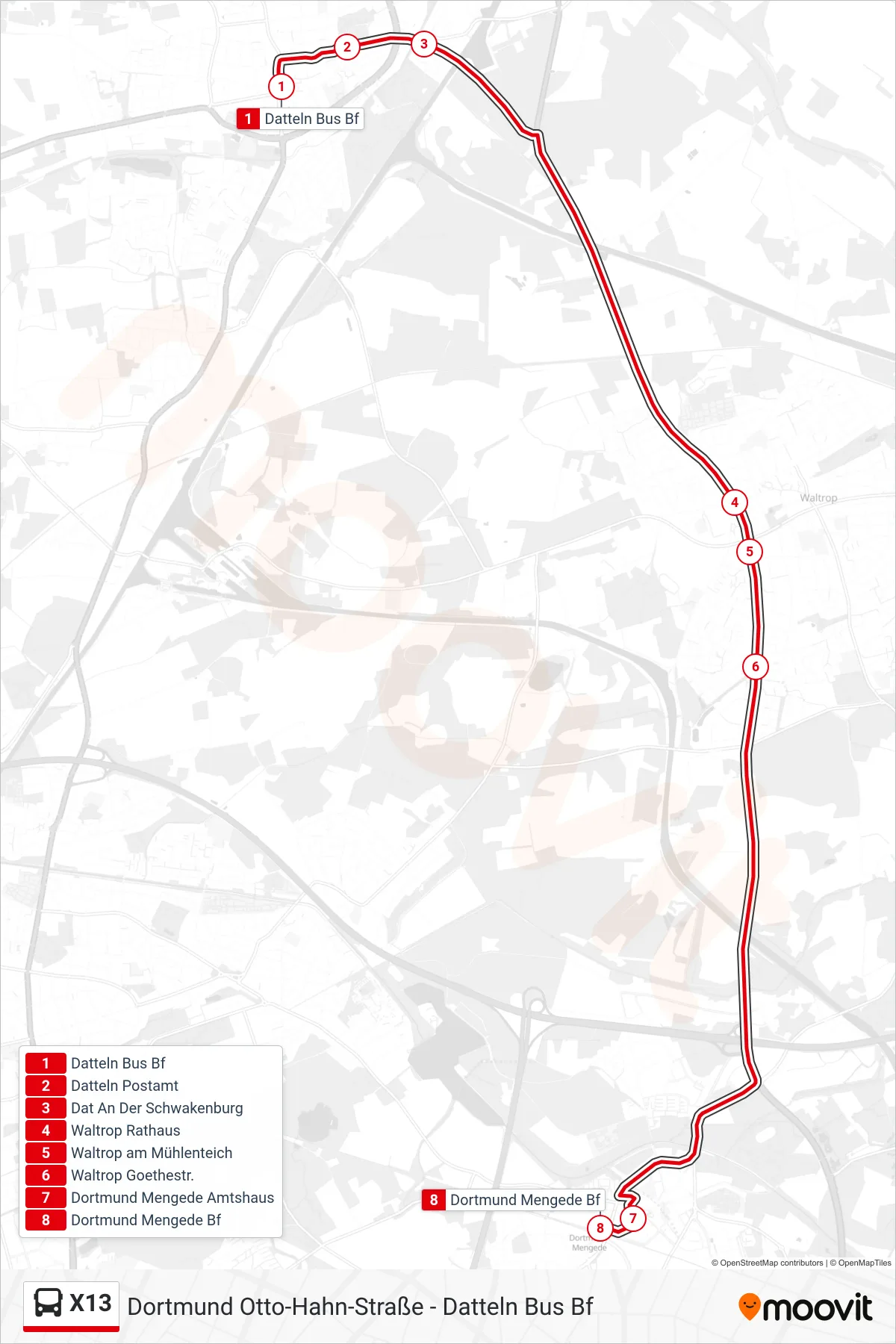 Linie X13 (Bus) Richtung Dortmund Mengede Bf: Route und Haltestellen auf der Karte