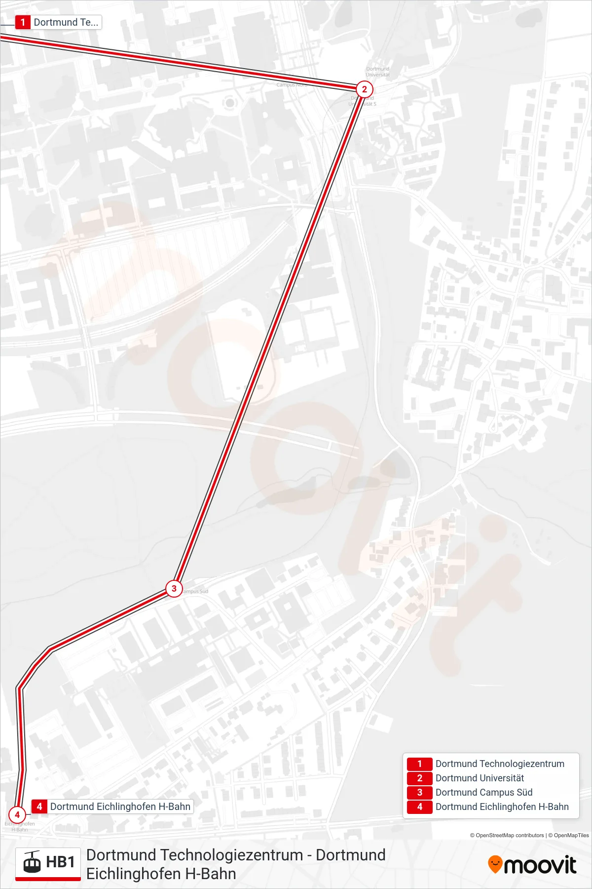 Linie HB1 (Gondel / Schwebebahn) Richtung Dortmund Eichlinghofen H-Bahn: Route und Haltestellen auf der Karte