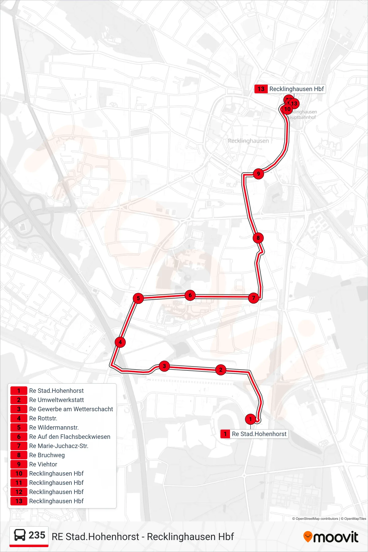 Linie 235 (Bus) Richtung Recklinghausen Hbf: Route und Haltestellen auf der Karte