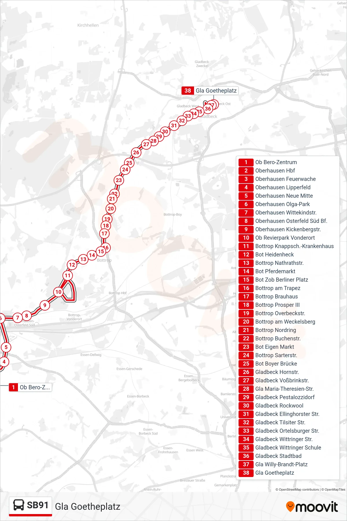 SB91 bus Line (Gla Goetheplatz) route and stops on a map