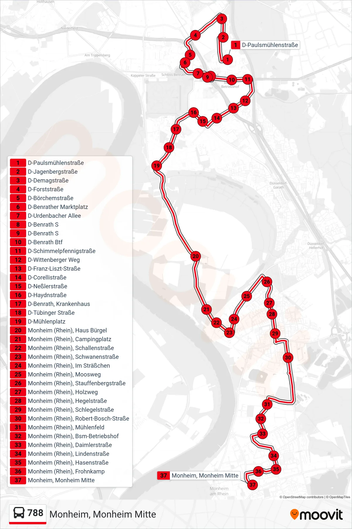 Linie 788 (Bus) Richtung Monheim, Monheim Mitte: Route und Haltestellen auf der Karte