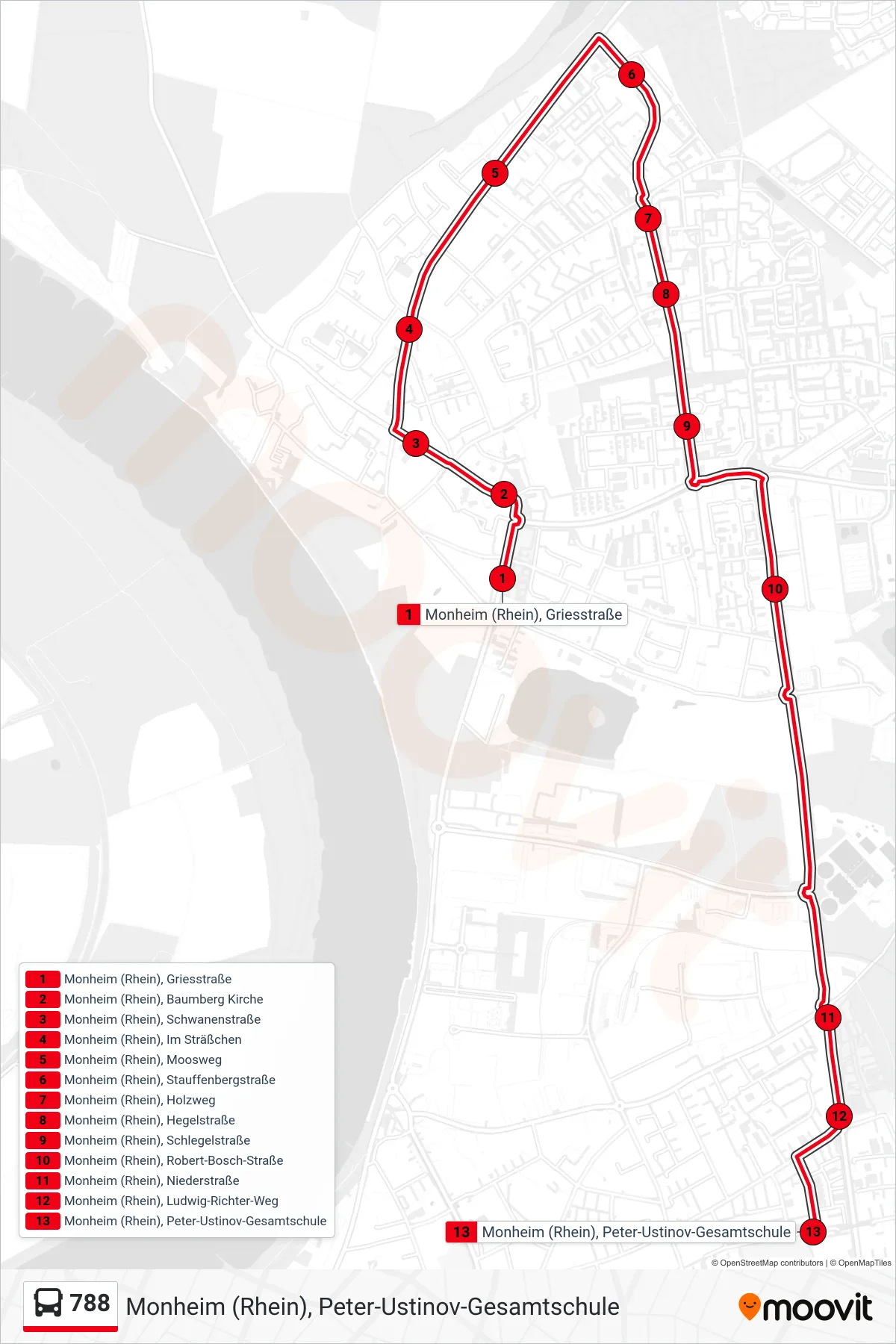 Linie 788 (Bus) Richtung Monheim (Rhein), Peter-Ustinov-Gesamtschule: Route und Haltestellen auf der Karte