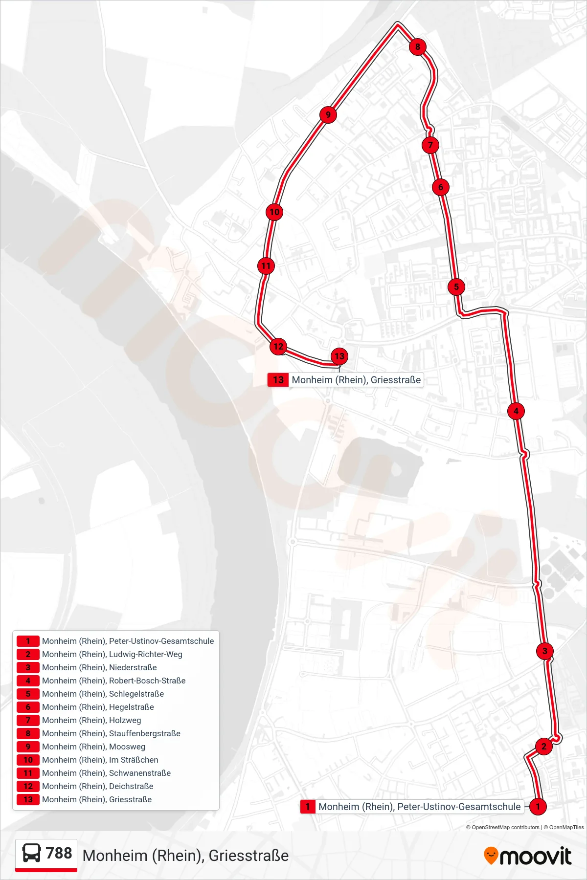 Linie 788 (Bus) Richtung Monheim (Rhein), Griesstraße: Route und Haltestellen auf der Karte