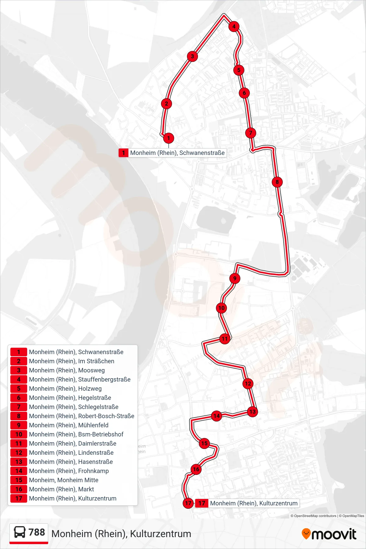 Linie 788 (Bus) Richtung Monheim (Rhein), Kulturzentrum: Route und Haltestellen auf der Karte