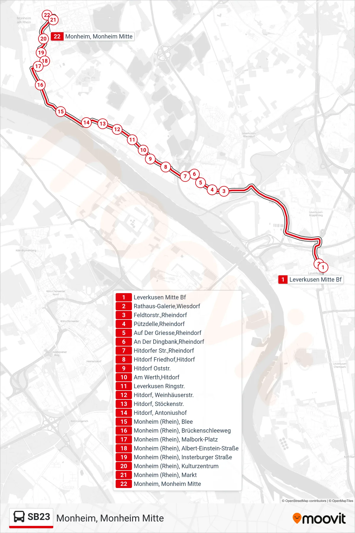 Linie SB23 (Bus) Richtung Monheim, Monheim Mitte: Route und Haltestellen auf der Karte