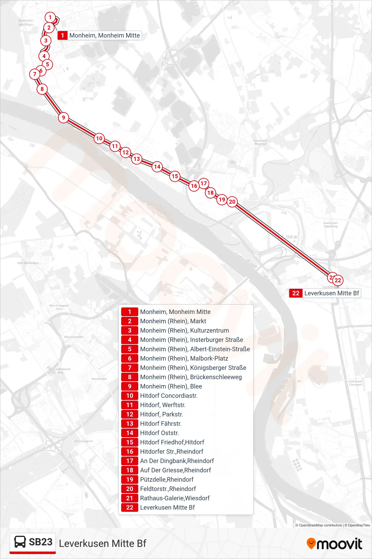 SB23 bus Line (Leverkusen Mitte Bf) route and stops on a map