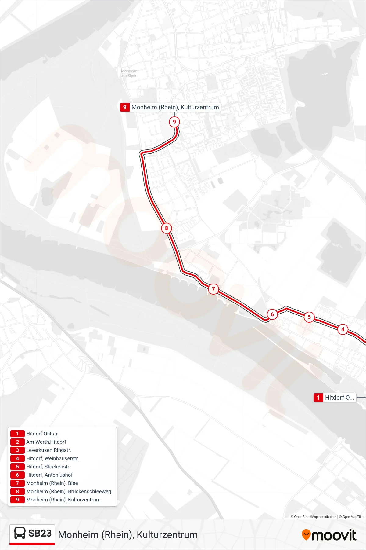 Linie SB23 (Bus) Richtung Monheim (Rhein), Kulturzentrum: Route und Haltestellen auf der Karte