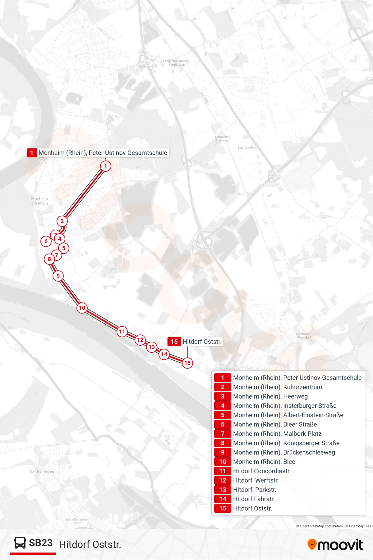 Linie SB23 (Bus) Richtung Hitdorf Oststr.: Route und Haltestellen auf der Karte