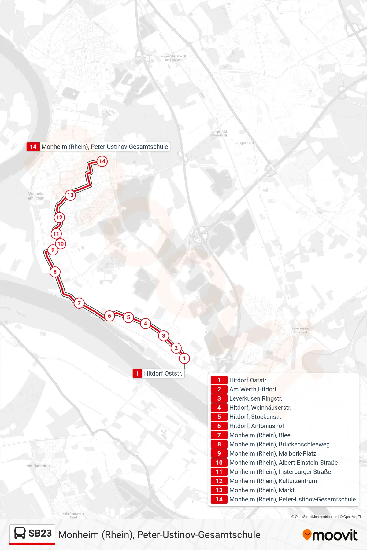 Linie SB23 (Bus) Richtung Monheim (Rhein), Peter-Ustinov-Gesamtschule: Route und Haltestellen auf der Karte