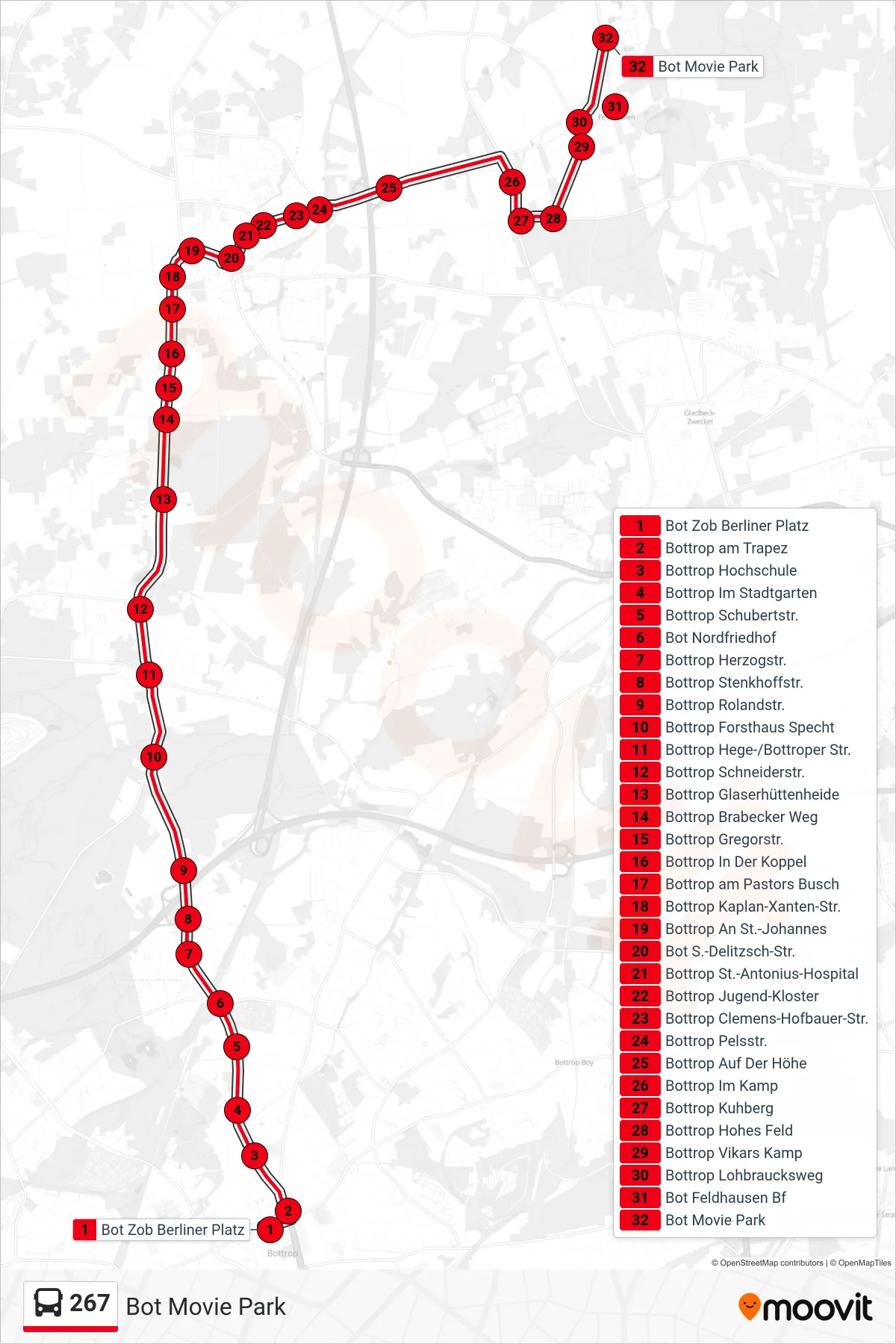 267 bus Line (Bot Movie Park) route and stops on a map