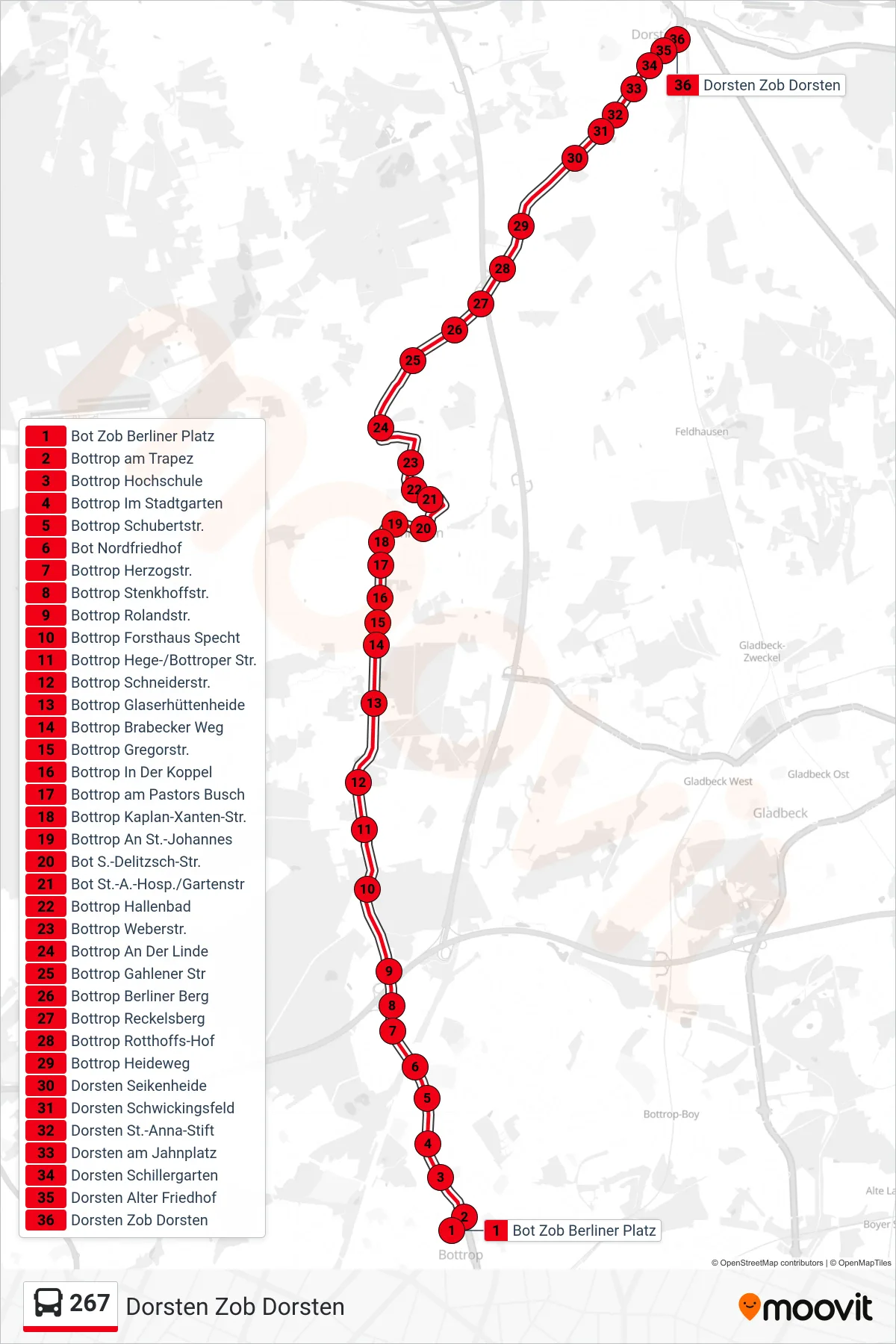 Linie 267 (Bus) Richtung Dorsten Zob Dorsten: Route und Haltestellen auf der Karte