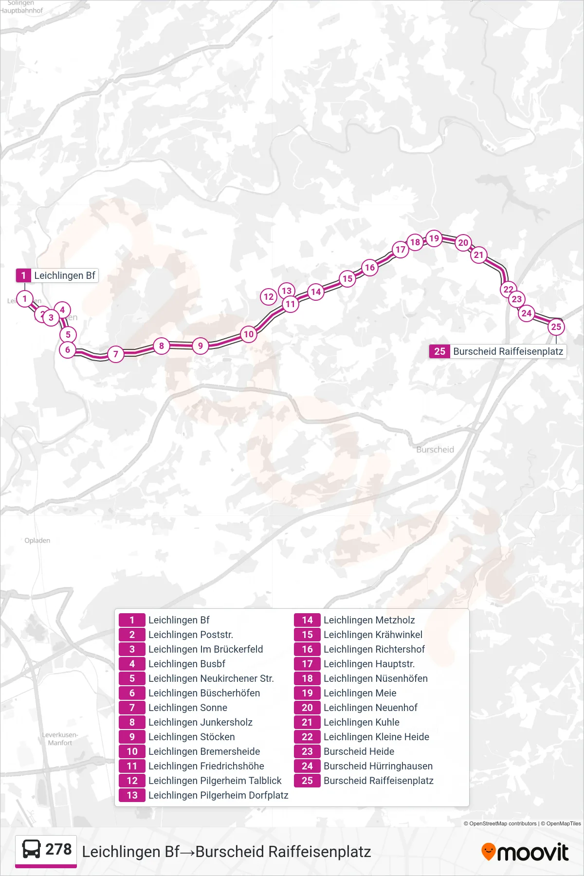 Linie 278 (Bus) Richtung Leichlingen Bf→Burscheid Raiffeisenplatz: Route und Haltestellen auf der Karte