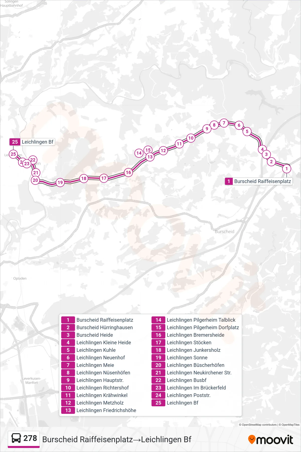 Linie 278 (Bus) Richtung Burscheid Raiffeisenplatz→Leichlingen Bf: Route und Haltestellen auf der Karte