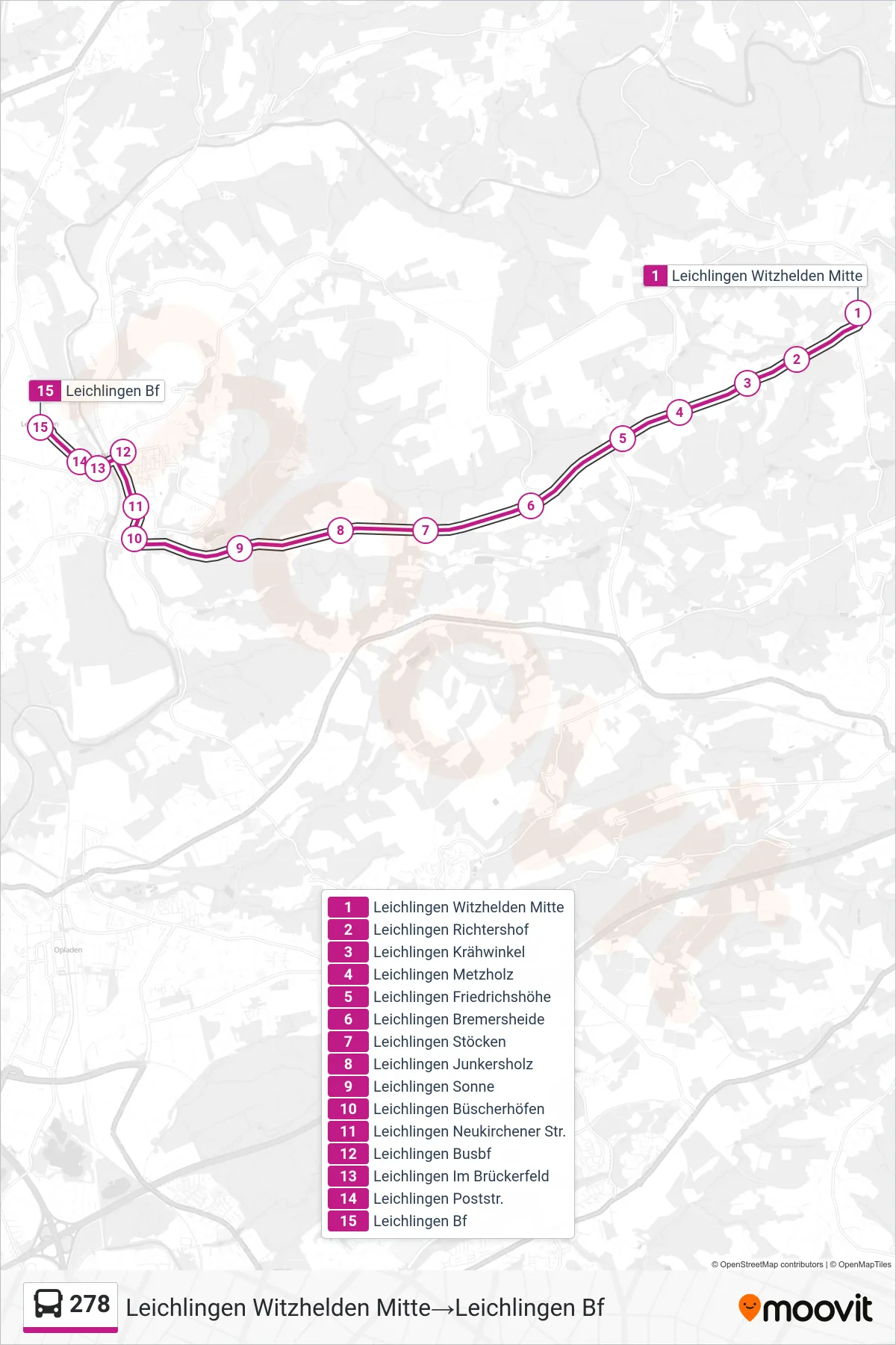 Linie 278 (Bus) Richtung Leichlingen Witzhelden Mitte‎→Leichlingen Bf: Route und Haltestellen auf der Karte