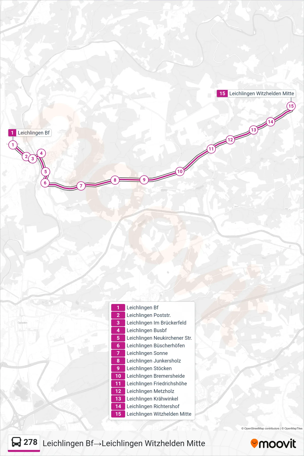 Linie 278 (Bus) Richtung Leichlingen Bf‎→Leichlingen Witzhelden Mitte: Route und Haltestellen auf der Karte