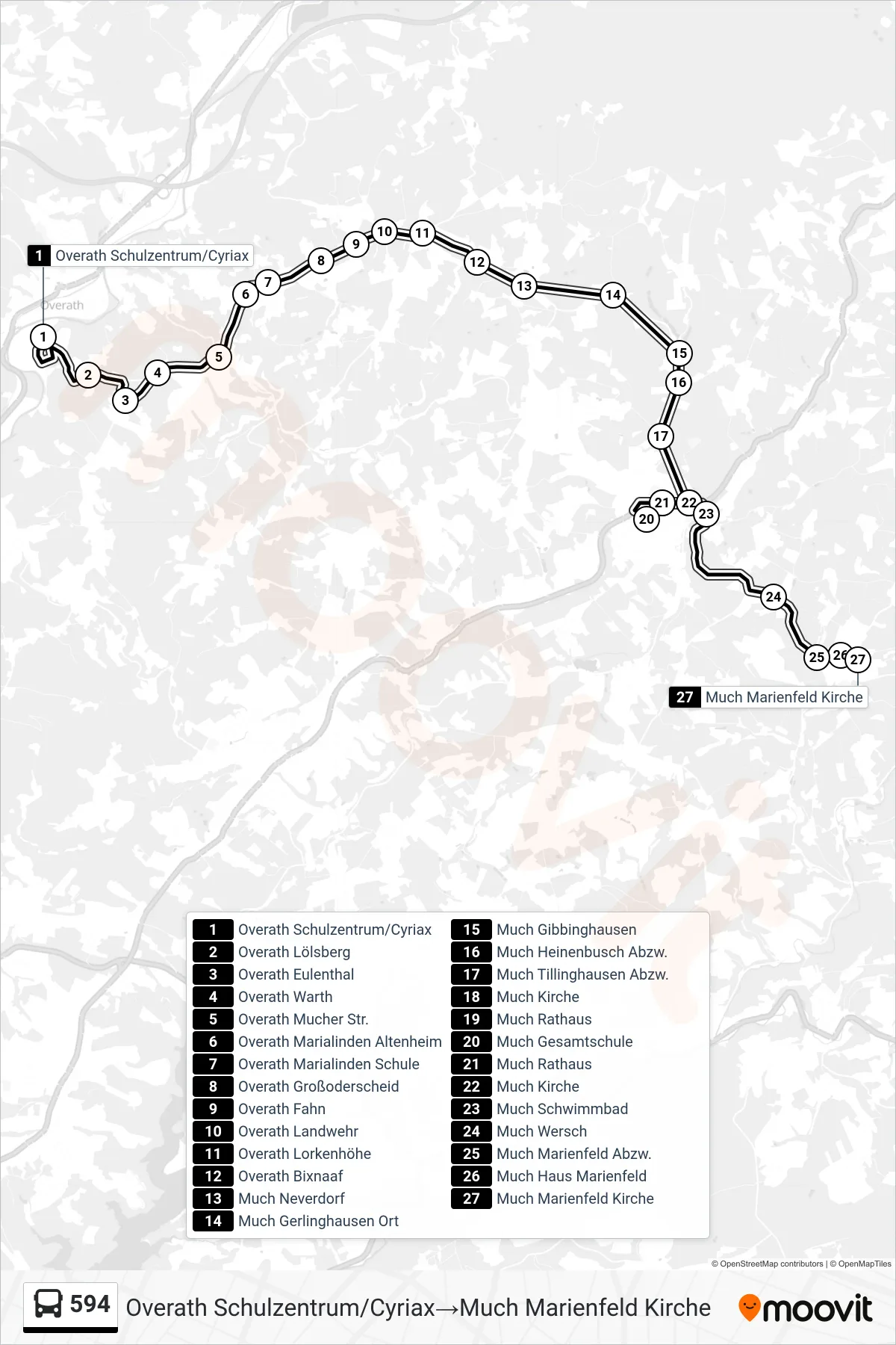 Linie 594 (Bus) Richtung Overath Schulzentrum/Cyriax→Much Marienfeld Kirche: Route und Haltestellen auf der Karte