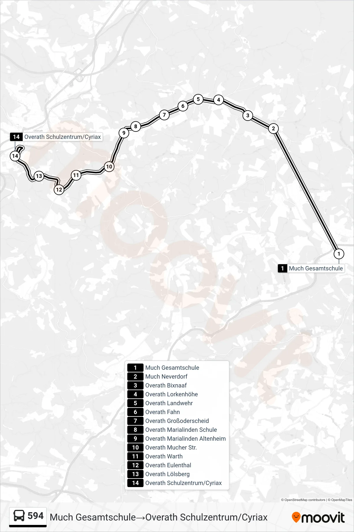 Linie 594 (Bus) Richtung Much Gesamtschule→Overath Schulzentrum/Cyriax: Route und Haltestellen auf der Karte
