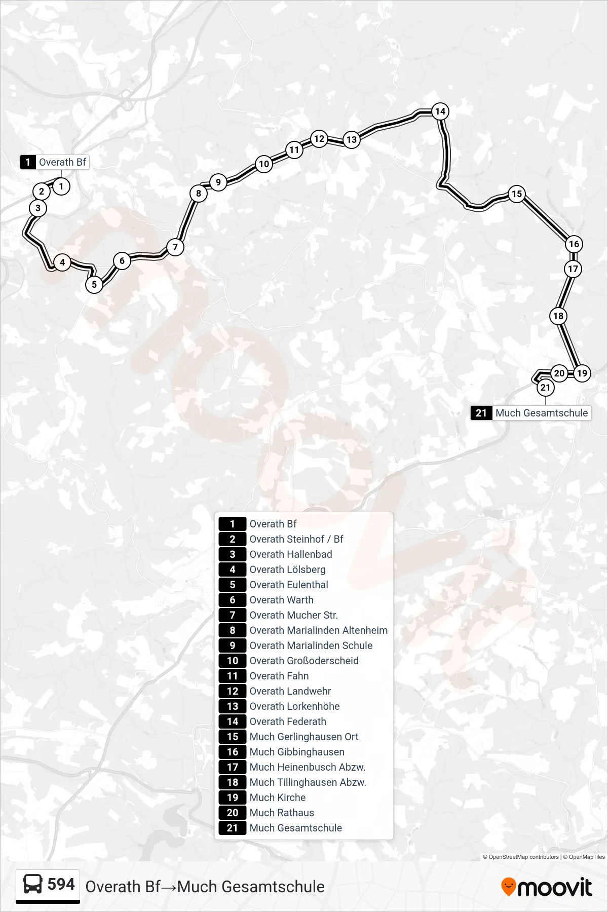 Linie 594 (Bus) Richtung Overath Bf‎→Much Gesamtschule: Route und Haltestellen auf der Karte