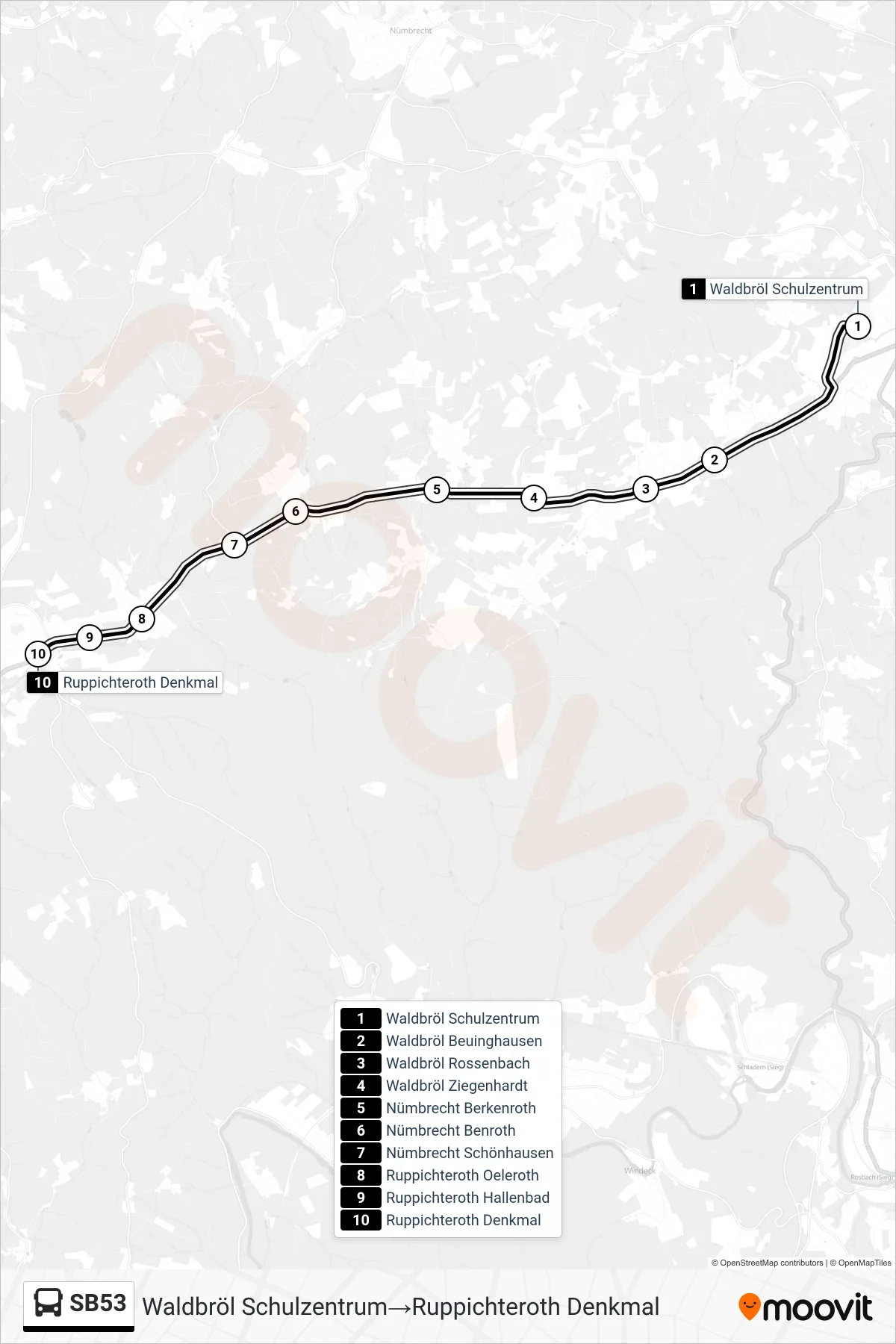 Linie SB53 (Bus) Richtung Waldbröl Schulzentrum→Ruppichteroth Denkmal: Route und Haltestellen auf der Karte