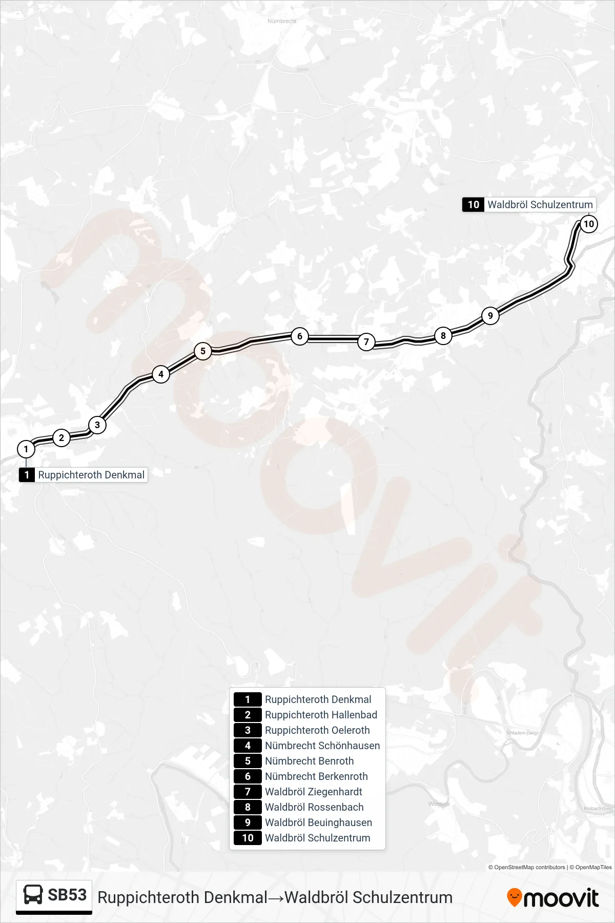 Linie SB53 (Bus) Richtung Ruppichteroth Denkmal‎→Waldbröl Schulzentrum: Route und Haltestellen auf der Karte