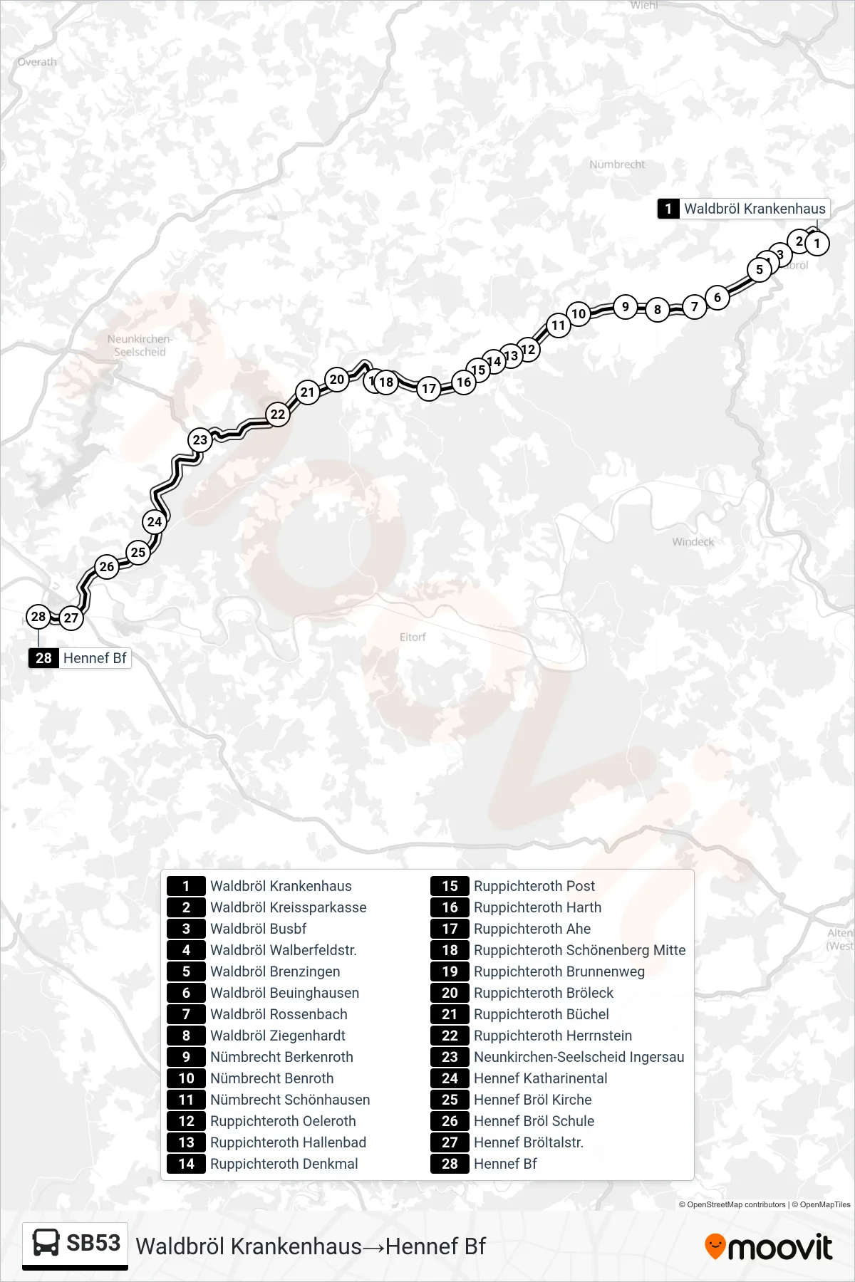 Linie SB53 (Bus) Richtung Waldbröl Krankenhaus→Hennef Bf: Route und Haltestellen auf der Karte