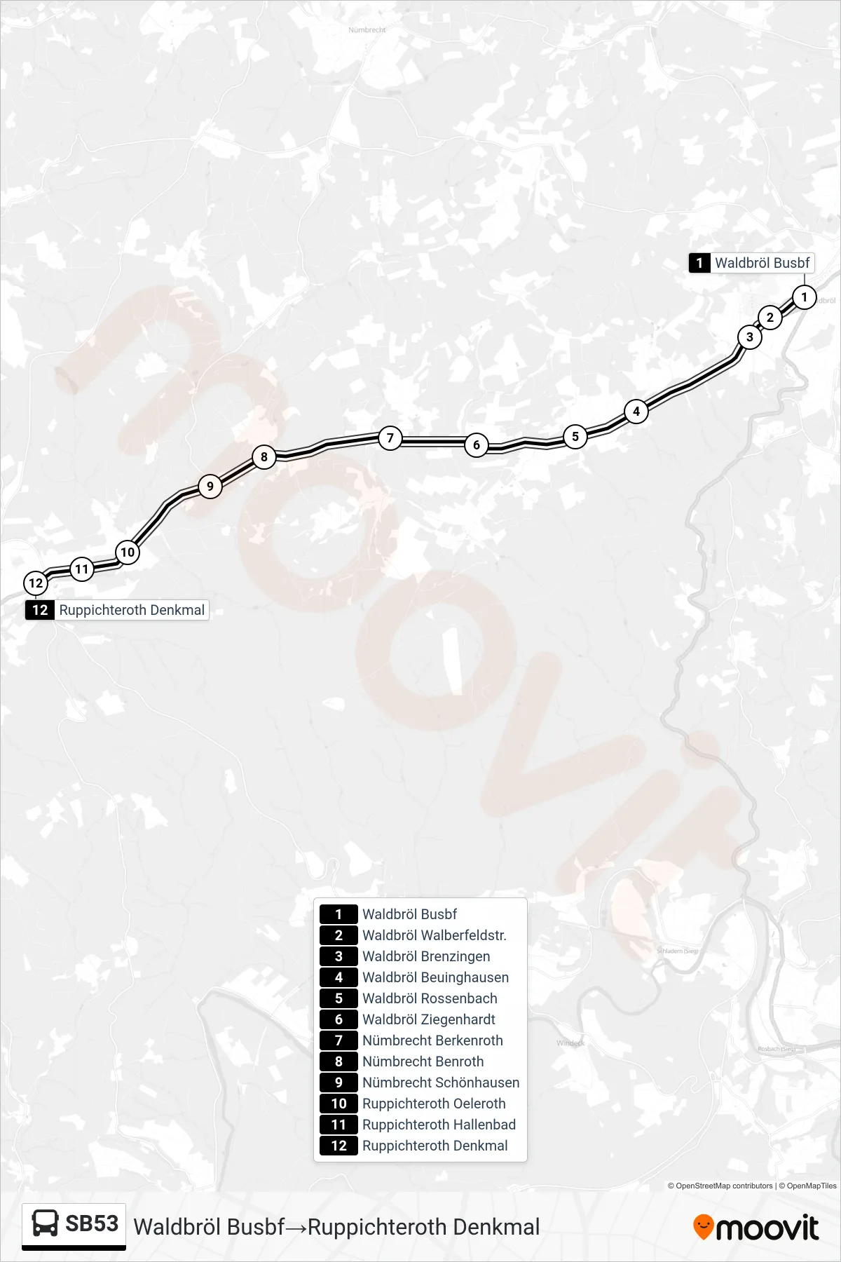 Linie SB53 (Bus) Richtung Waldbröl Busbf‎→Ruppichteroth Denkmal: Route und Haltestellen auf der Karte