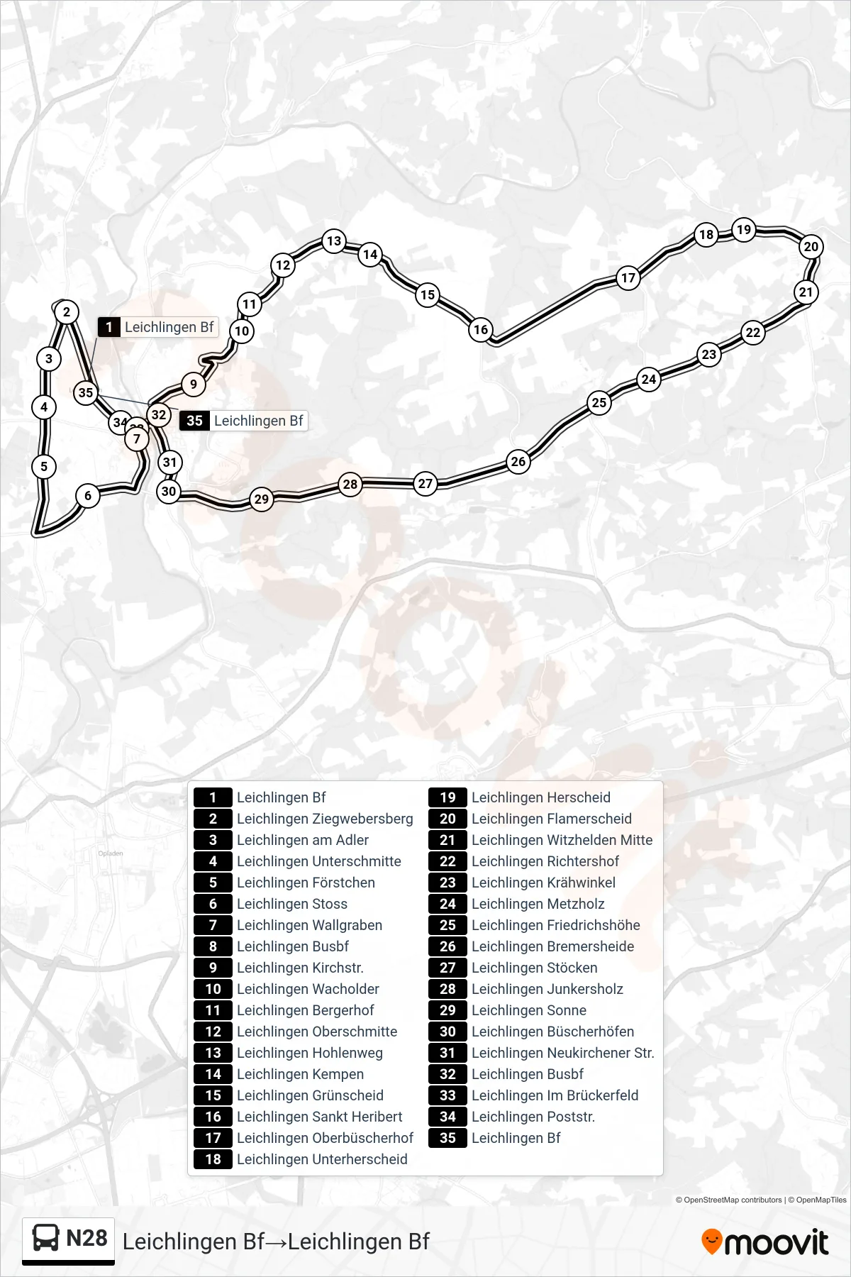 Linie N28 (Bus) Richtung Leichlingen Bf‎→Leichlingen Bf: Route und Haltestellen auf der Karte