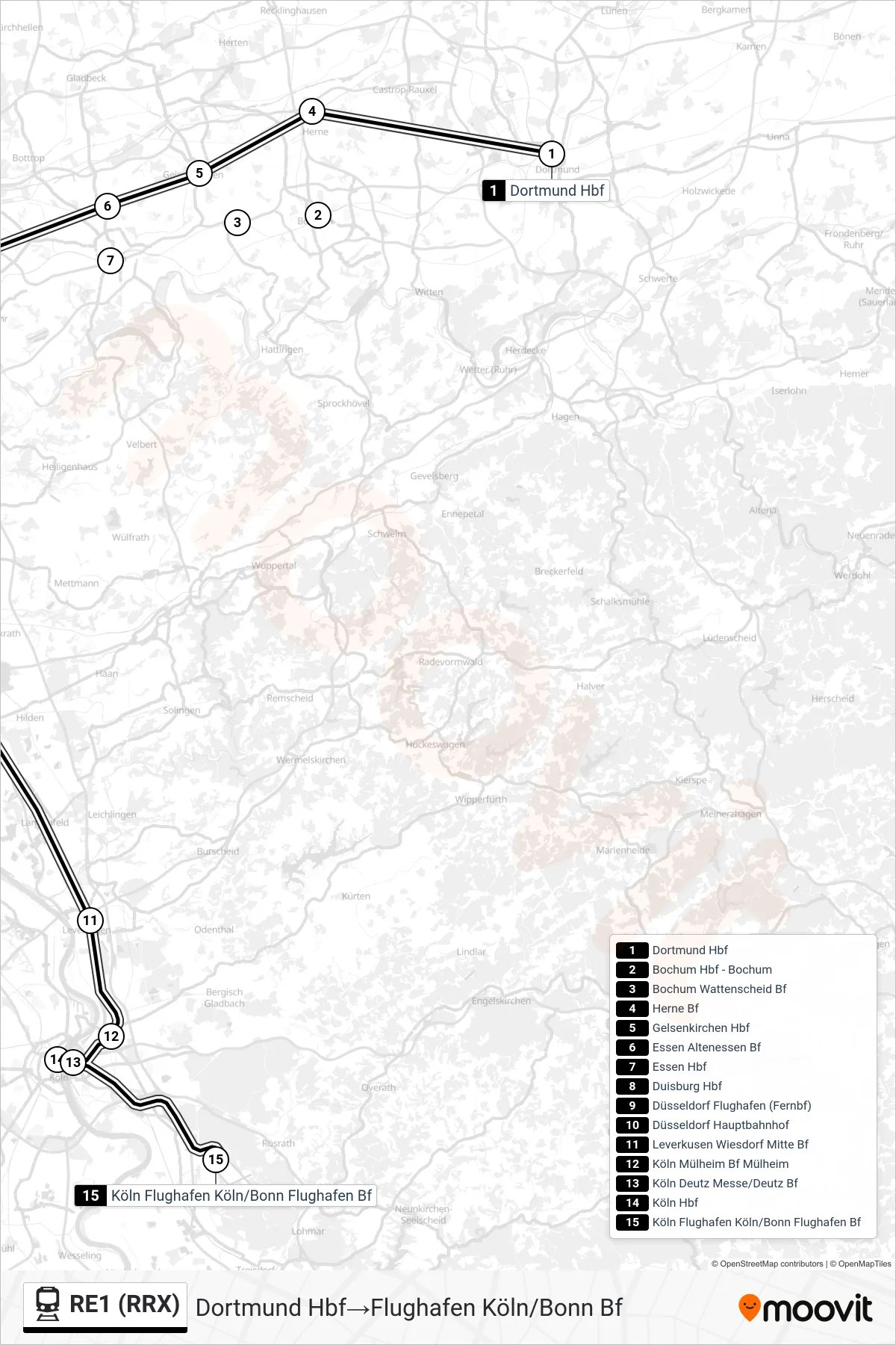 RE1 (RRX) train Line (Dortmund Hbf‎→Flughafen Köln/Bonn Bf) route and stops on a map